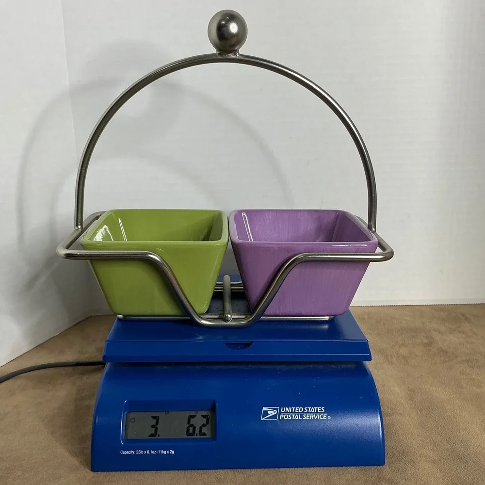 Purple and Green Ceramic Double Condiment‎ Server with Silver Metal Carry Handle